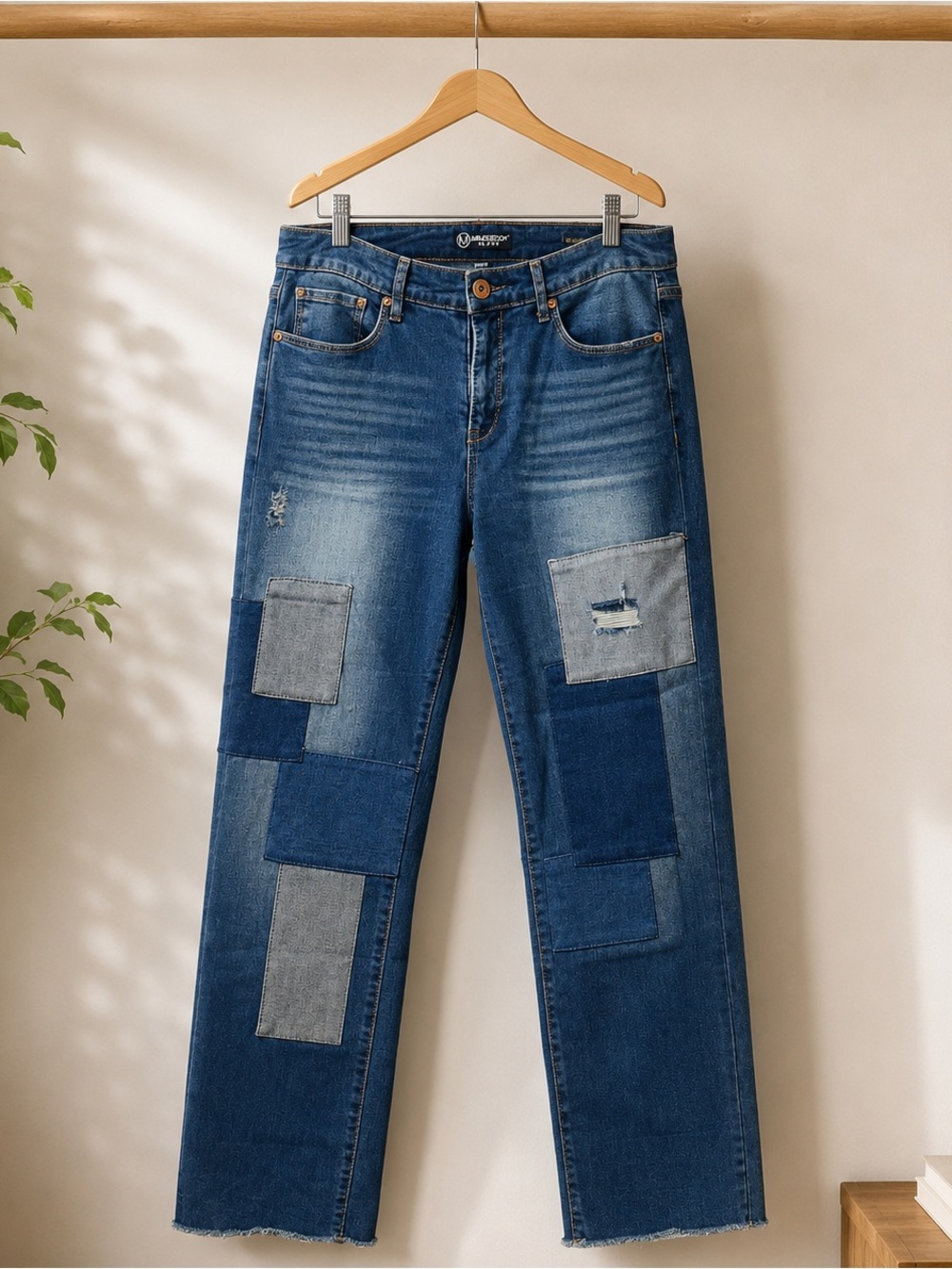 Miraclebody Believe Straight Patchwork Jeans Size 10 Raw Hem Stretch Denim